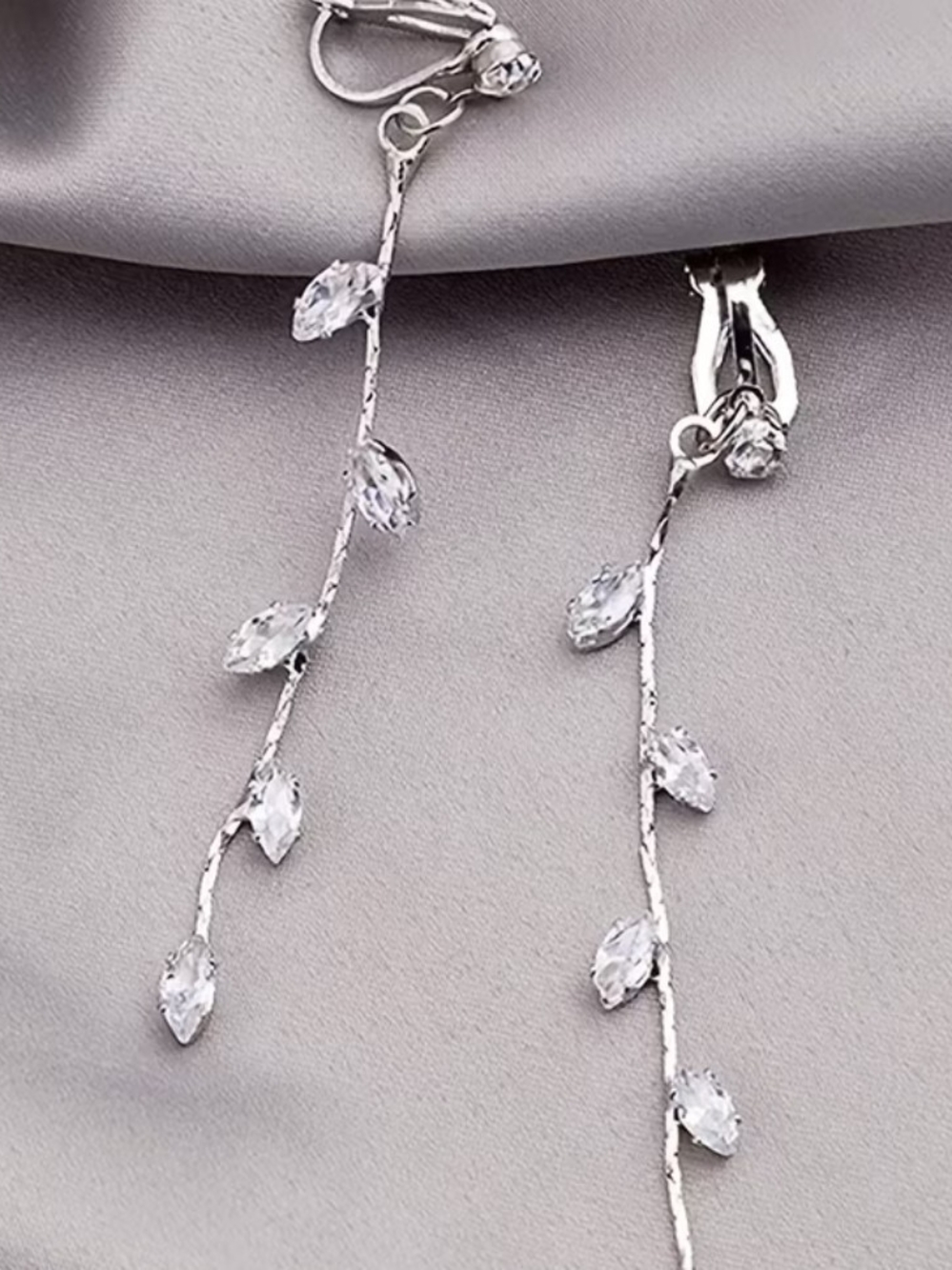 Clip-On Silver Leaf Dangle Earrings with Clear Crystal Accents